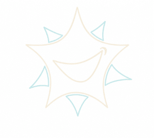 Line-art drawing of a smiling star with alternating light tan and light blue triangular rays, reminiscent of the mascot for a Mill Creek kids dentist.