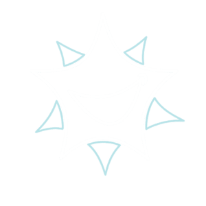 A stylized white sun icon with a smiling face and light blue accents for a Mill Creek pediatric dental office.