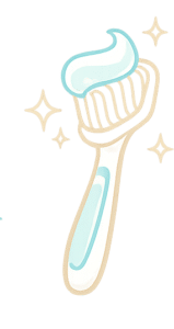 A toothbrush with a dollop of toothpaste on the bristles, surrounded by small star icons.