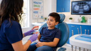 A dentist in purple gloves uses a toothbrush to demonstrate proper brushing techniques for a young patient receiving pediatric dental services in Mill Creek.