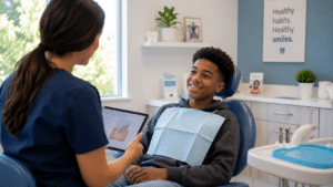 A dental professional shows a tooth diagram on a tablet to a smiling young patient during pediatric dental services in Mill Creek.