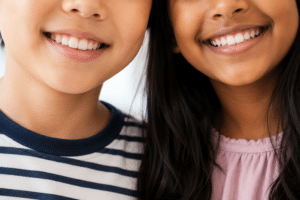 A close-up shot of two children smiling, showing their teeth during a visit for pediatric dental services in Mill Creek.