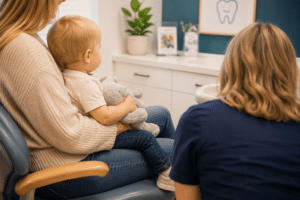 A toddler sits on their parent’s lap, holding a stuffed animal while facing a provider of pediatric dental services in Mill Creek.