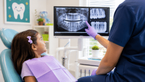 A dentist pointing to a dental X-ray on a monitor during pediatric dental exams in Mill Creek as a young girl sits in the dental chair.