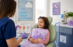 A dental hygienist shows a young girl a “Tell - Show - Do” instructional book during a pediatric dental visit in Mill Creek.
