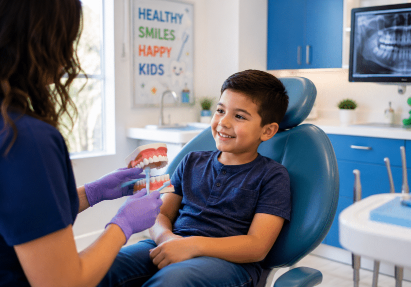 A dentist in purple gloves uses a toothbrush to demonstrate proper brushing techniques for a young patient receiving pediatric dental services in Mill Creek.