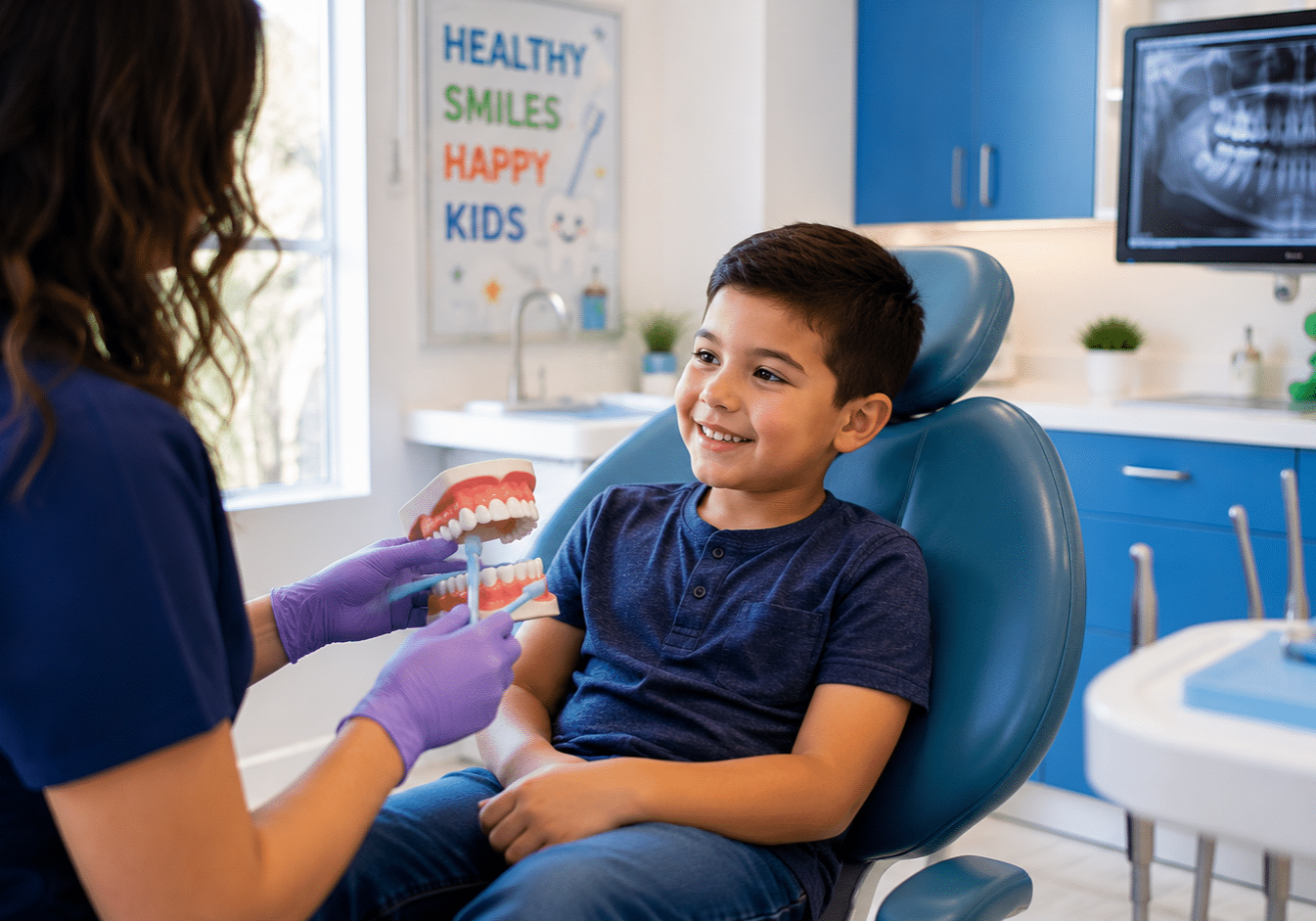 A dentist in purple gloves uses a toothbrush to demonstrate proper brushing techniques for a young patient receiving pediatric dental services in Mill Creek.