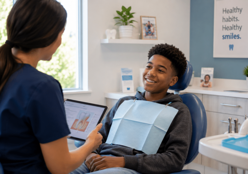 A dental professional shows a tooth diagram on a tablet to a smiling young patient during pediatric dental services in Mill Creek.