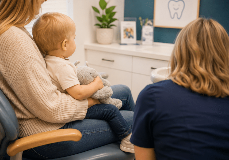 A toddler sits on their parent’s lap, holding a stuffed animal while facing a provider of pediatric dental services in Mill Creek.