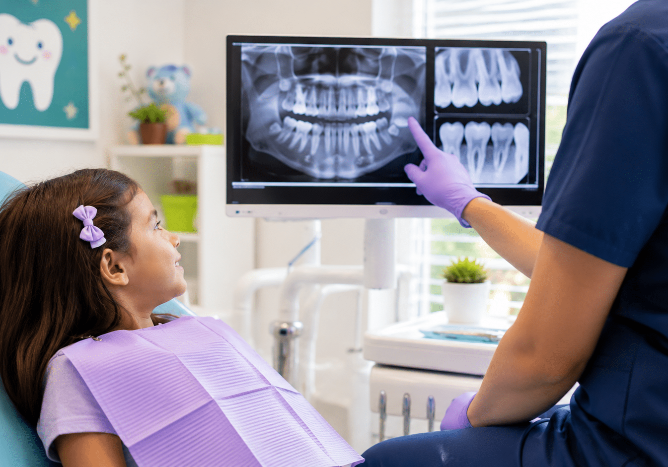A dentist points to a dental X-ray on a monitor as a young patient in the chair looks on during pediatric dental services in Mill Creek.